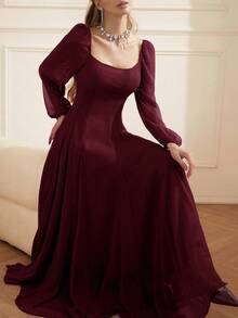 Aveloria Rosie Vestido elegante y versátil de manga larga para mujer, con cuello cuadrado, cintura ceñida y falda larga con abertura, en estilo vintage