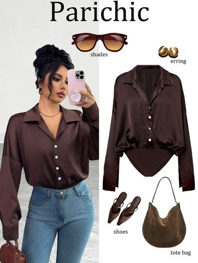 Franclia Women's Minimalist Elegant Solid Color Satin Long-Sleeve Bodysuit, Women's Autumn Clothing, Women's Brown Bodysuit Winter Clothes For Women Women's Winter Clothes New Year Clothes New Year Outfit New Year Women's Clothes Beach Outfits For Women Beach Outfit For Women Beach Bodysuit For Women Women's Beach Fashion Beach Fashion