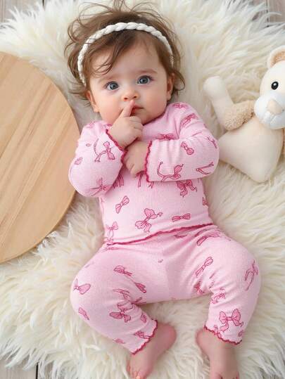 SHEIN 2pcs/Set Cute Casual Daily Newborn Baby Girl Bow Knit Sweater Crew Neck Long Sleeve Top T-Shirt And Pants Set (0-9M), Baby Girl All Season Outfit