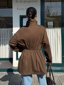 Muchica Women's Dark Brown Stand-Up Collar Turtleneck Mid-Length Belted Trench Coat,French Style Double-Breasted Jacket For Autumn Casual Occasion,Elegant - Brown - View 2