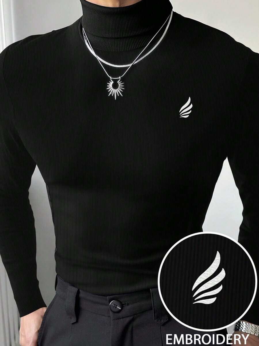 Manfinity 男士休闲纯色高领T恤,适合秋冬季节穿着,长袖上衣 - 黑色 - 查看 1