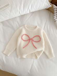 SHEIN Vintaside Kids 时尚百搭可爱蝴蝶结针织套头毛衣，适合年轻女孩 - 杏色 - 查看 3