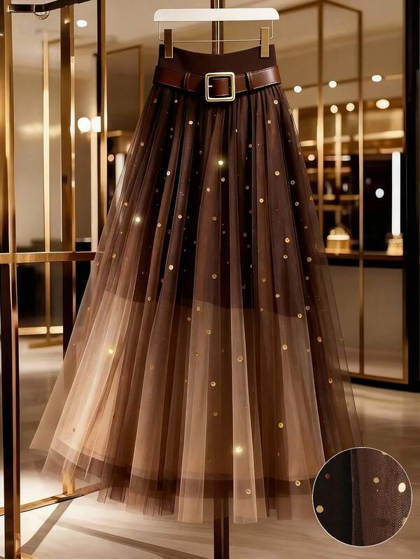 GlowEve Falda de línea A de tul y lentejuelas elegante para mujer, versátil para el trayecto diario, estilo callejero francés, vintage, fiesta, Navidad, Año Nuevo, negocios, degradado marrón, adecuada para primavera, verano, otoño, invierno