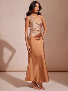 L'Amorae 女士吊带垂褶领缎面撞色长裙，优雅休闲，适合夜晚外出或婚礼宾客穿着 - 彩色 - 查看 3