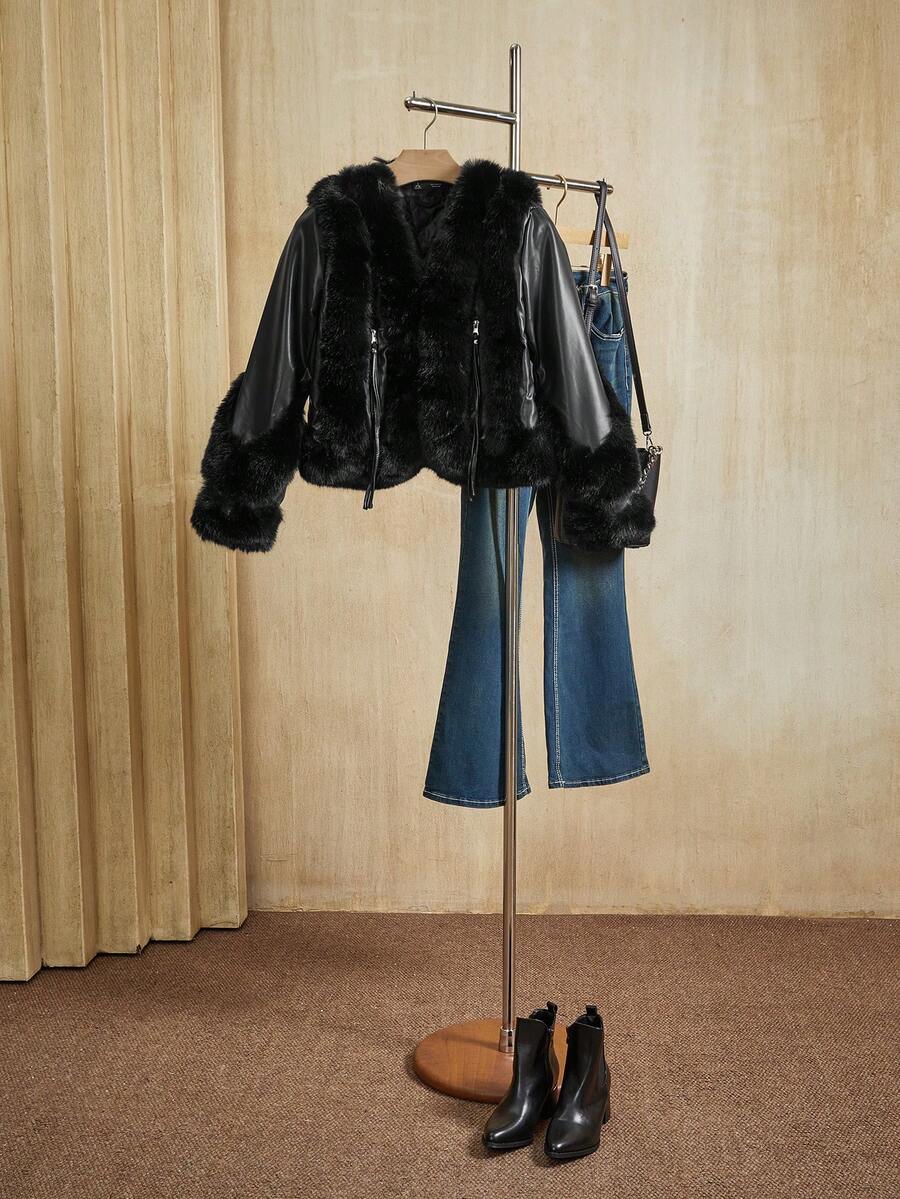 Anewsta 短款蓬松拼布皮夹克 - 黑色 - 查看 1