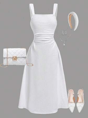 Girlism Tween Girls Solid Color Square Neck Pleated Casual Elegant Camisole Dress White Dress White Summer Dress Sleeveless White Dress White Sundress White Mini Dress