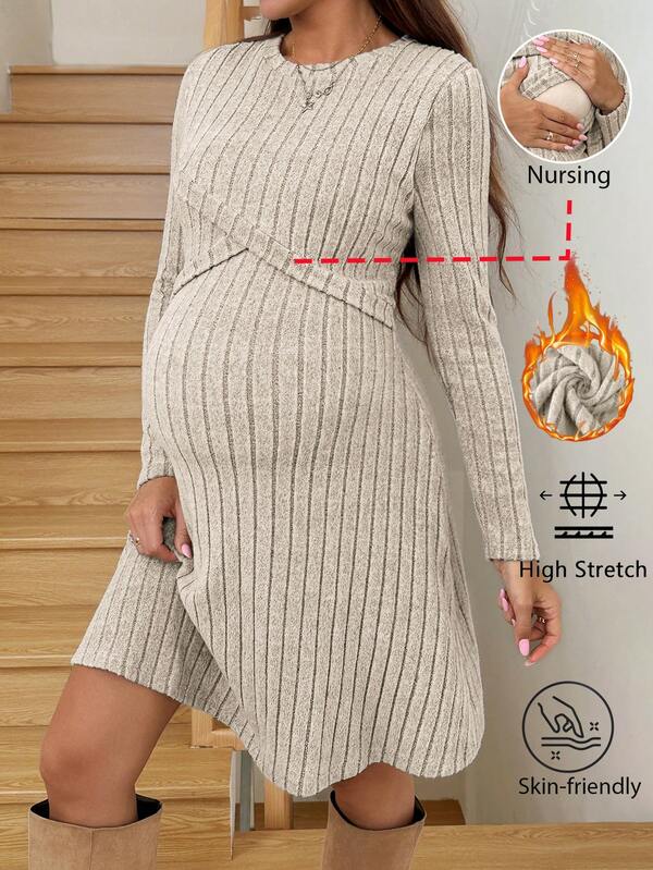SHEIN Fall Clothes,Autumn Clothes,Maternity Autumn/Winter Clothes Maternity Maternity Maternity & Nursing Solid Color Round Neck Long Sleeve Casual Ribbed Knit Dress Beige Maternity Dress Ribbed Maternity Dress Long Sleeve Maternity Dress Knit Maternity Dress Sweater Dress