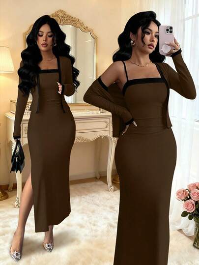 SHEIN Elenzya 两件套女士优雅撞色长袖开衫吊带裙套装，适合派对、家庭聚会、圣诞节、万圣节、情人节、新年、通勤和日常休闲穿着，秋冬季