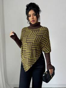 Elenzga Áo len Poncho cổ cao họa tiết hình học thanh lịch dành cho nữ, phối màu, thích hợp mặc ở nhà và đi du lịch, mùa xuân/thu - màu xanh lá - Xem 5