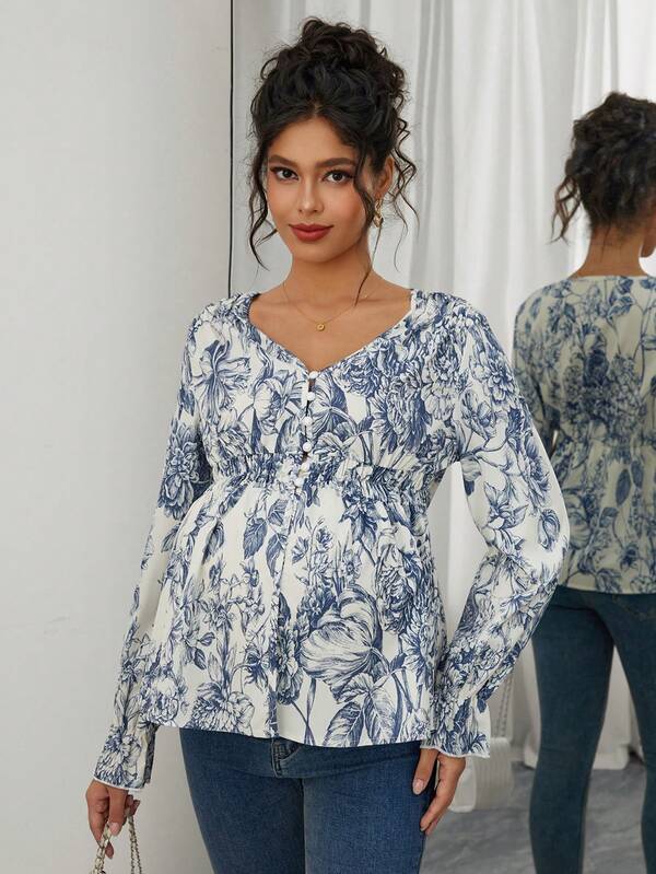 Momance Maternity Floral Print Ruffle Hem Shirt
