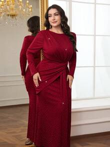 Modelyn Đầm dự tiệc cổ tròn xếp ly thanh lịch cỡ lớn dành cho nữ - Màu Đỏ Sâu - Xem 5