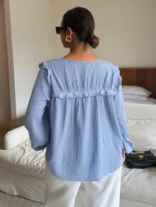 Dripcurv Áo cánh tay dài xếp ly màu xanh trơn, màu xanh dương cỡ lớn, tay dài, có dây rút, viền bèo nhún, thường ngày cho nữ, ngày lễ Tạ ơn năm mới, bộ sưu tập thời trang/Mùa đông - Màu xanh lam - Xem 2