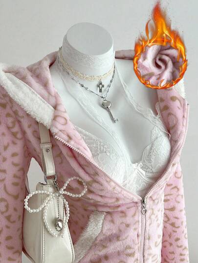 Elamini 1 件柔软羊毛豹纹拉链连帽夹克，休闲可爱拼色设计，适合秋冬季、返校季、女士休闲家居服