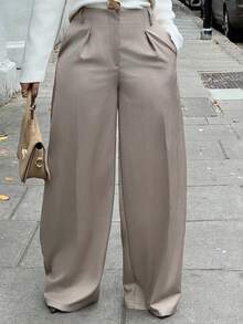 NegzBox 超宽腿褶皱西装套装 仅限套装 长裤 可爱约会之夜 外出 秋季 圣诞夜 工作 办公室 返校 干净利落 冬季派对 - 卡其色 - 查看 3