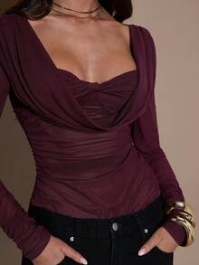 SHEIN BAE 女士纯色深V领长袖网纱性感连体衣 - 棕色 - 查看 7