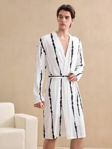 EverLounge Old Money Men's All-Over Print Belted Casual Loungewear Long Sleeve Robe Autumn Winter Autumn For Men Going Out Baggy Casual Retro - Multicolor - View 1