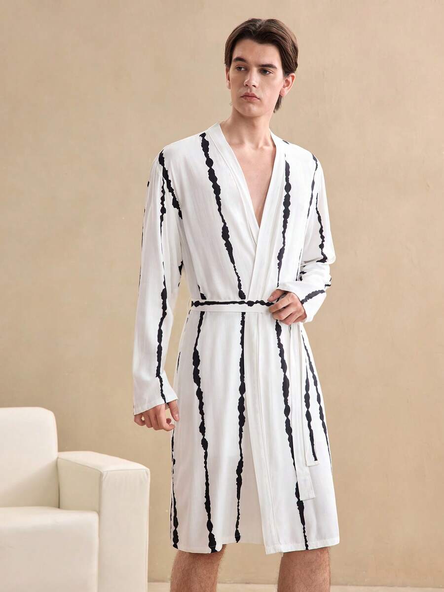 EverLounge Old Money Men's All-Over Print Belted Casual Loungewear Long Sleeve Robe Autumn Winter Autumn For Men Going Out Baggy Casual Retro - Multicolor - View 1