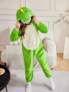 女孩舒适绿色霸王龙连帽连体衣 - 彩色 - 查看 4