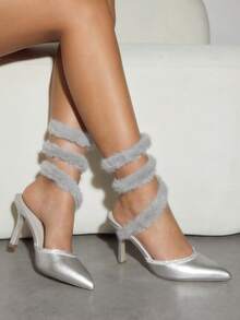CUCCOO SZL Women's Rhinestone Pointed Toe Wrap Faux Fur High Heel Shoes, New Style Stiletto Furry Mules - Silver - View 3