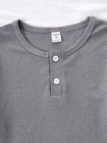 Tween Boy 棕色纯色舒适格子两件套睡衣套装（长裤和长袖） - 灰色 - 查看 7