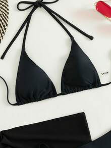 Oceva Summer Beach Solid Bikini Set Triangle Bra & Thong Bottom & Beach Skirt 3 Piece Bathing Suit Beach Outfits - Black - View 4