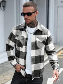 Manfinity Homme Áo khoác nam dài tay kẻ caro cài nút có túi nắp, thời trang thu/đông - Xám - Xem 3