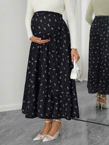 Momance Adjustable Waist Bow Print Casual Maternity Skirt - Black - View 3