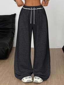 SHEIN Tween Girls' Loose Casual Minimalist Comfortable Mid-Waist Contrast Color Drawstring Decor Sweatpants, Autumn/Winter