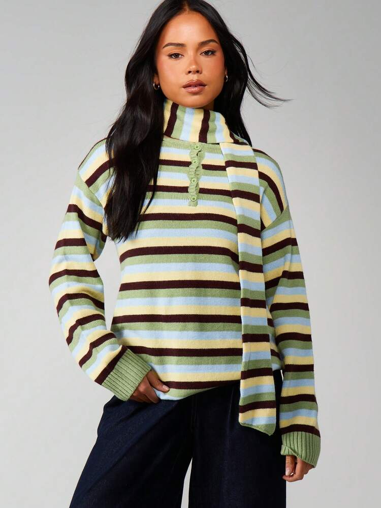 MISSGUIDED Oversized Striped Turtleneck Henley Sweater With Attached Scarf Detail Long Sleeve Knit Pullover