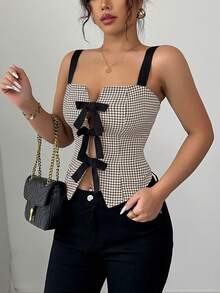 Selianne Women's Elegant Bowknot Houndstooth Cinched Waist Short Camisole, Spring/Summer