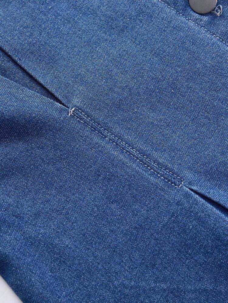 SHEIN Tween Girls Denim Dress, Casual & Comfortable Button-Up Denim Dress With Embroidered Pattern, Fashionable Streetwear Style, Versatile Fabric, New Arrival Blue Tween Dress Long Sleeve - Dark Wash - View 4