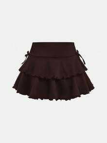 SHEIN Girlism Tween Girl Street Casual Solid Color Drawstring Waist Pleated Hem Skirt Fall Winter - Brown - View 2