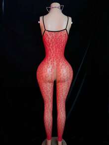 SHEIN 2pcs Women's Sexy Bodystocking Lingerie Set ClassicAnimalPrint - Red - View 6