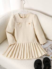 Elladie kids 少女优雅口袋仿珍珠纽扣装饰长袖褶裥下摆简约杏色连衣裙 - 杏色 - 查看 3