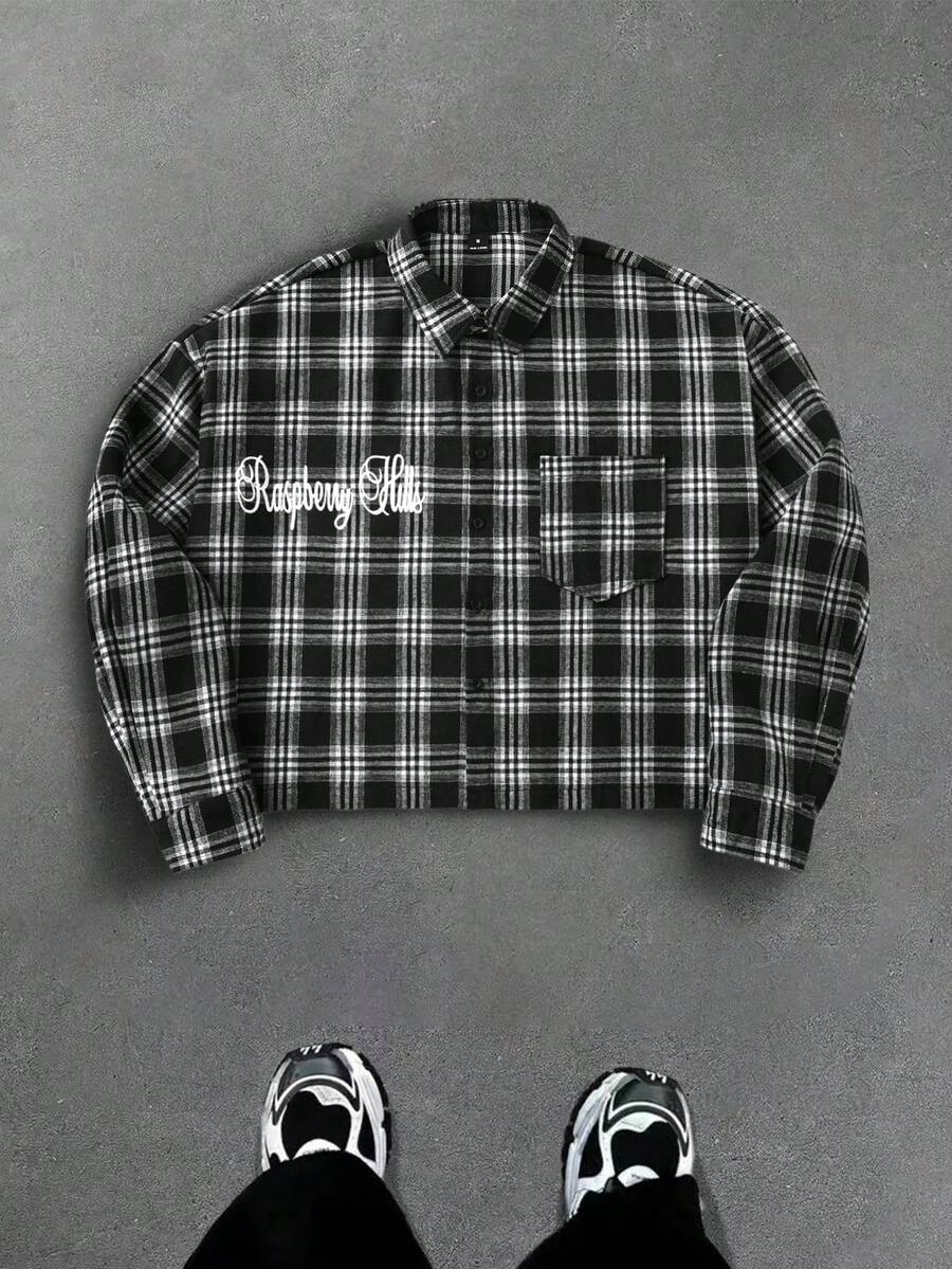 Manfinity EMRG 男式年轻街头风格短款提花图案长袖衬衫 - 黑與白 - 查看 1