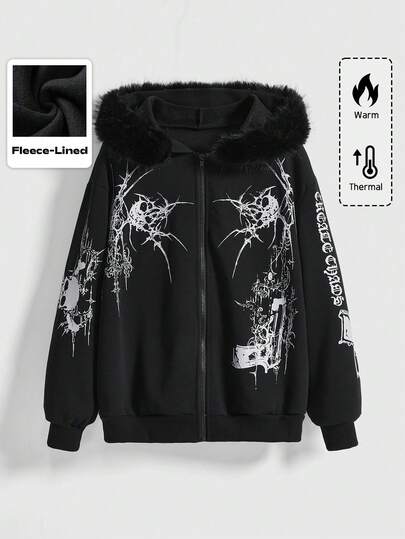 Grunge Punk Women's Y2K Punk Halloween Skull Print Fuzzy Hooded Loose Sweatshirt, Autumn/Winter