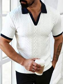 Manfinity Homme 男士休闲撞色短袖 Polo 衫，夏季 - 白色 - 查看 3