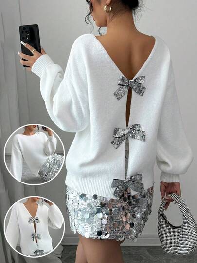 Elenzga Suéter versátil de moda para mujer con lentejuelas y decoración de lazo, reversible y sin espalda, para otoño/invierno