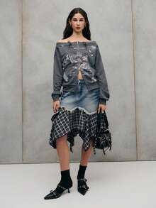 TypaGal Chic Denim Skirt With A Plaid Asymmetric Hem And Raw-Edge Detailing. A Modern Blend Of Textures That Adds Movement And Effortless - Medium Wash - View 4