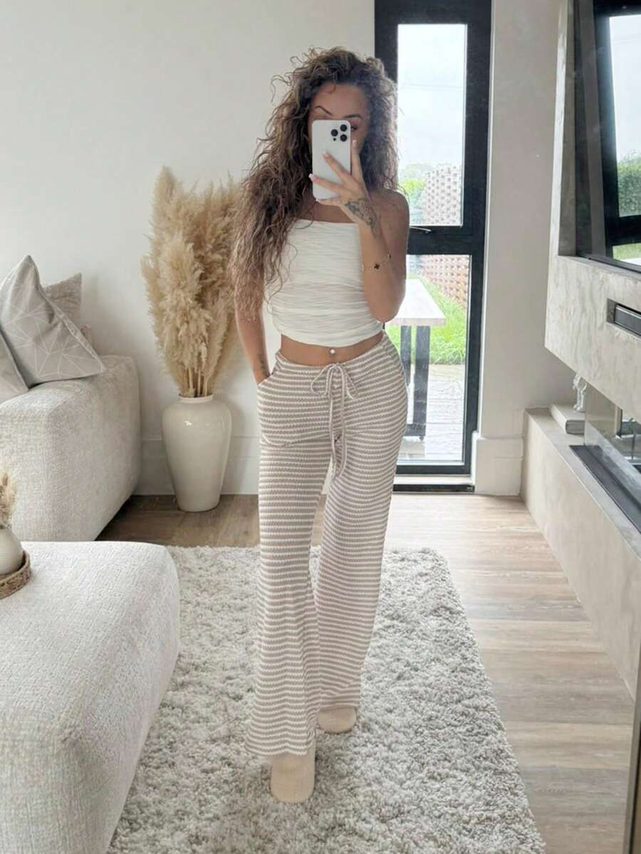 RebeccaVibe 女式夏季针织条纹抽绳腰口袋休闲裤 - 卡其色 - 查看 1
