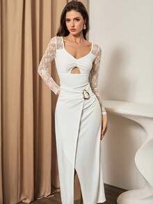 Bluhae Vestido casual de manga larga con parches de encaje de unicolor y minimalista para mujer - Blanco - Ver 5