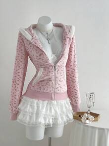 Elamini 1pc Soft Fleece Leopard Print Zip-Up Hoodie Jacket, Casual Cute Colorblock Design, Suitable For Autumn/Winter, Back To School Season, Leisure & Home Wear For Women