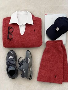 Muvela Women's Polo Collar Long Sleeve Wool Sweater And Shorts 2-Piece Set, Warm And Comfortable, Delicate Embroidery, Retro College Style, Lazy Daily Wear, Cozy Home, Back To School, Casual Outings, Afternoon Tea, Old Money Vibe, Autumn & Christmas - Red - View 5