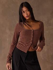 SHEIN BAE 女士撞色条纹休闲修身短袖长袖衬衫 - 棕色 - 查看 4