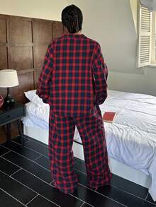 Dazy Plus Conjunto de pijama holgado a cuadros de talla grande, adecuado para todas las estaciones, ropa de otoño e invierno - Rojo - Ver 2