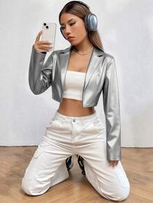 SHEIN Unity 女士银色翻领长袖短款外套