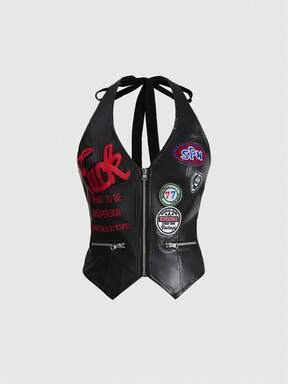 J-Fashion Women's Retro Motorcycle Collegiate Style Sexy Logo Embroidered Zip-Up PU Fabric Halter Neck Tank Top