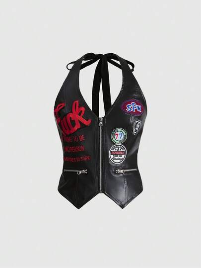 J-Fashion Débardeur col ras-du-cou en tissu PU zippé avec logo brodé, style rétro moto et universitaire sexy pour femmes