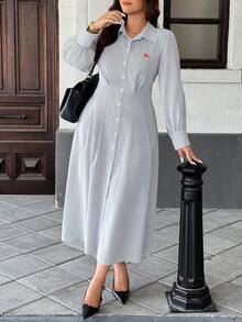 Easura Vestido camisero casual a rayas de talla grande para otoño - Multicolor - Ver 6