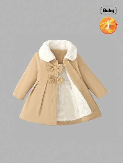 Sweetra Baby Girls' Fluffy Collar Bow Decor Thermal Lined Trench Coat, Fall/Winter